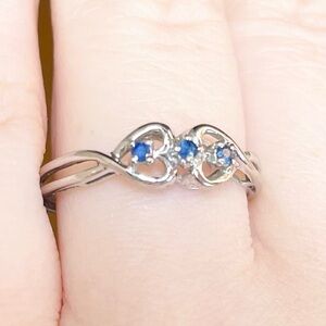 14k solid white gold filigree blue sapphire triplet double heart stateme…